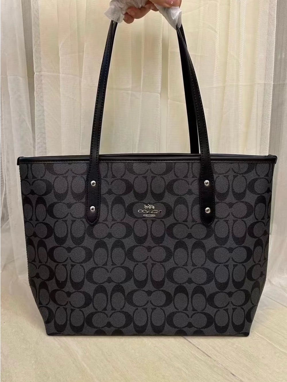 Coach Black Signature Canvas Tote with Leather Trim